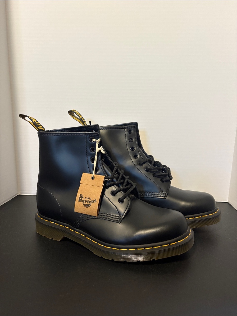 Dr. Martens Black Leather 8-Eye Boots with Yellow Stitching